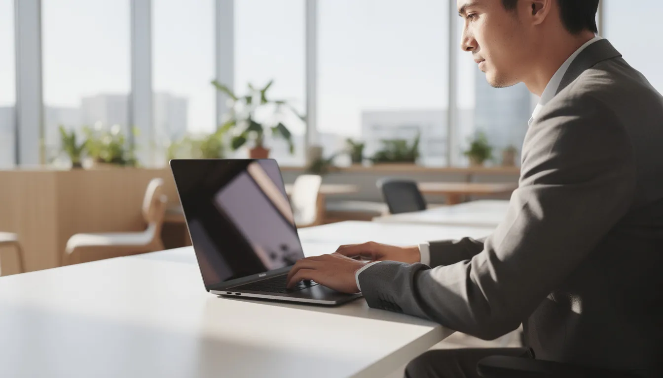A person is focused on their laptop in a bright, modern office, surrounded by sleek furniture and large windows that let in natural light. This environment reflects the integration of artificial intelligence and machine learning into everyday business operations, showcasing how AI tools can enhance efficiency and productivity.