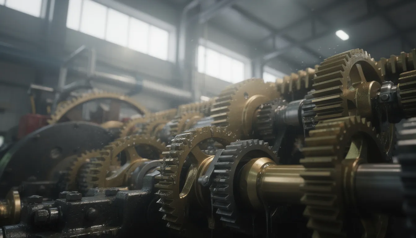 The image depicts a series of interconnected mechanical gears in motion within a factory setting, symbolizing the seamless integration of various business operations and processes. This intricate machinery reflects the efficiency and precision that can be achieved through the use of AI tools and automation in modern manufacturing.