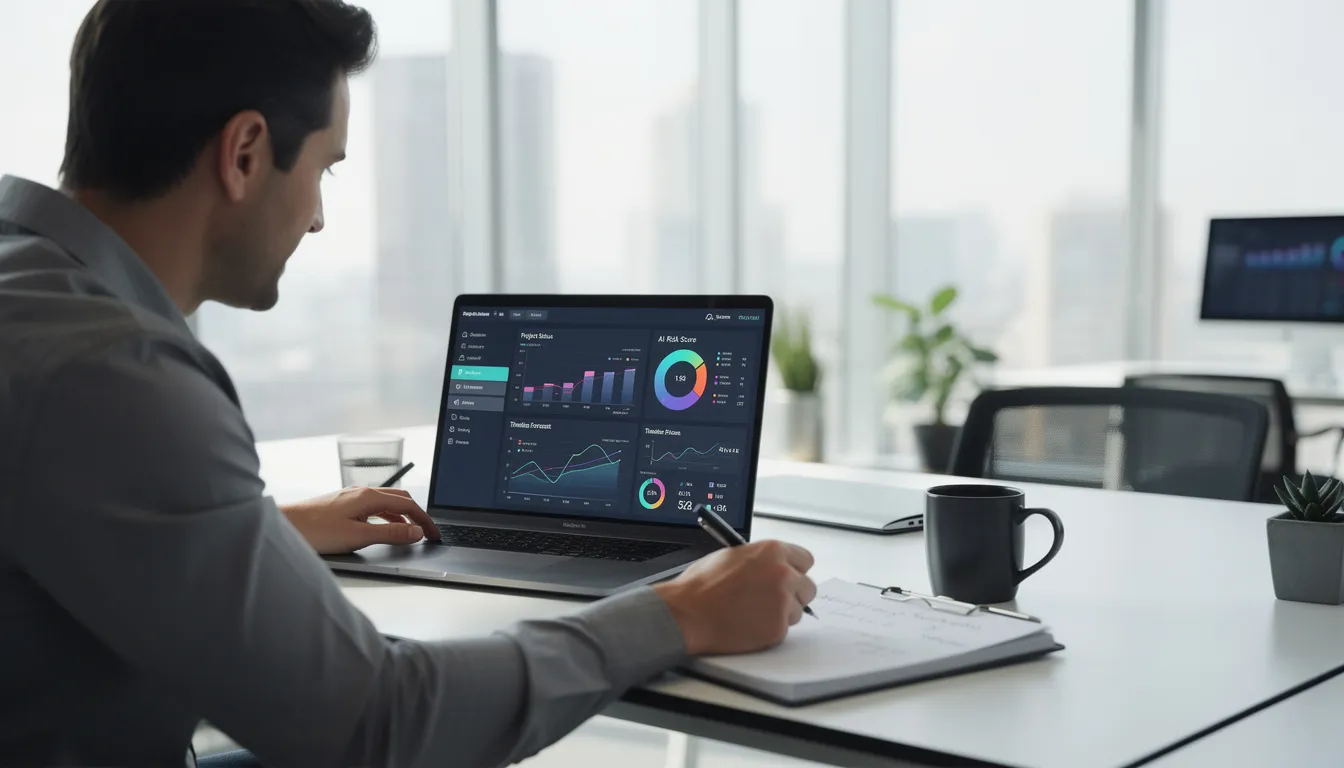 A project manager is seated at a modern office desk, intently reviewing an AI-powered dashboard displayed on a laptop screen. The dashboard provides data-driven insights and visualizations that assist in managing projects, optimizing resource allocation, and enhancing project success rates.