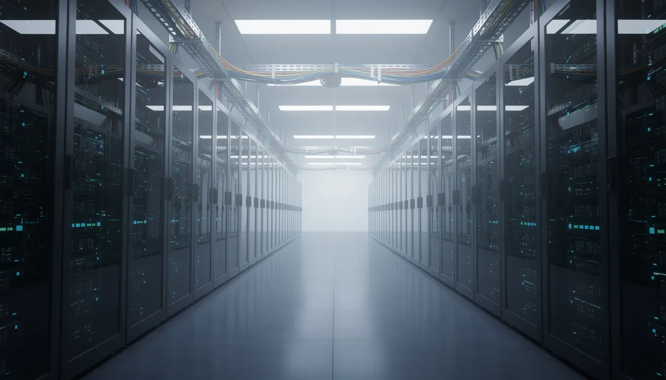 The image depicts a modern server room filled with rows of advanced computing equipment, illuminated by glowing lights, showcasing the computing power essential for artificial intelligence research and machine learning applications. This environment represents the backbone of intelligent systems that can process big data and perform complex tasks.
