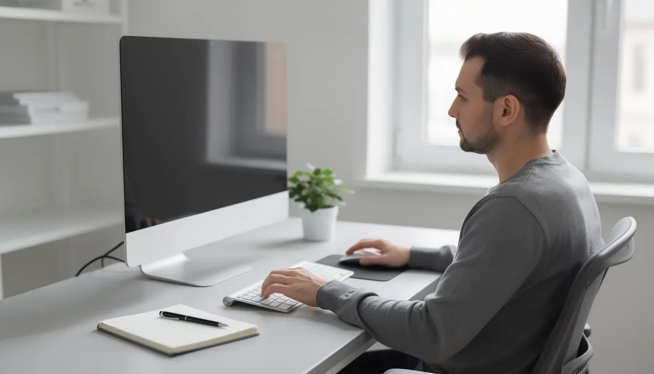 A person is seated at a clean and organized workspace, focused on their computer, which displays a sophisticated interface likely related to artificial intelligence or business intelligence. The environment reflects a professional atmosphere conducive to productivity and digital transformation.