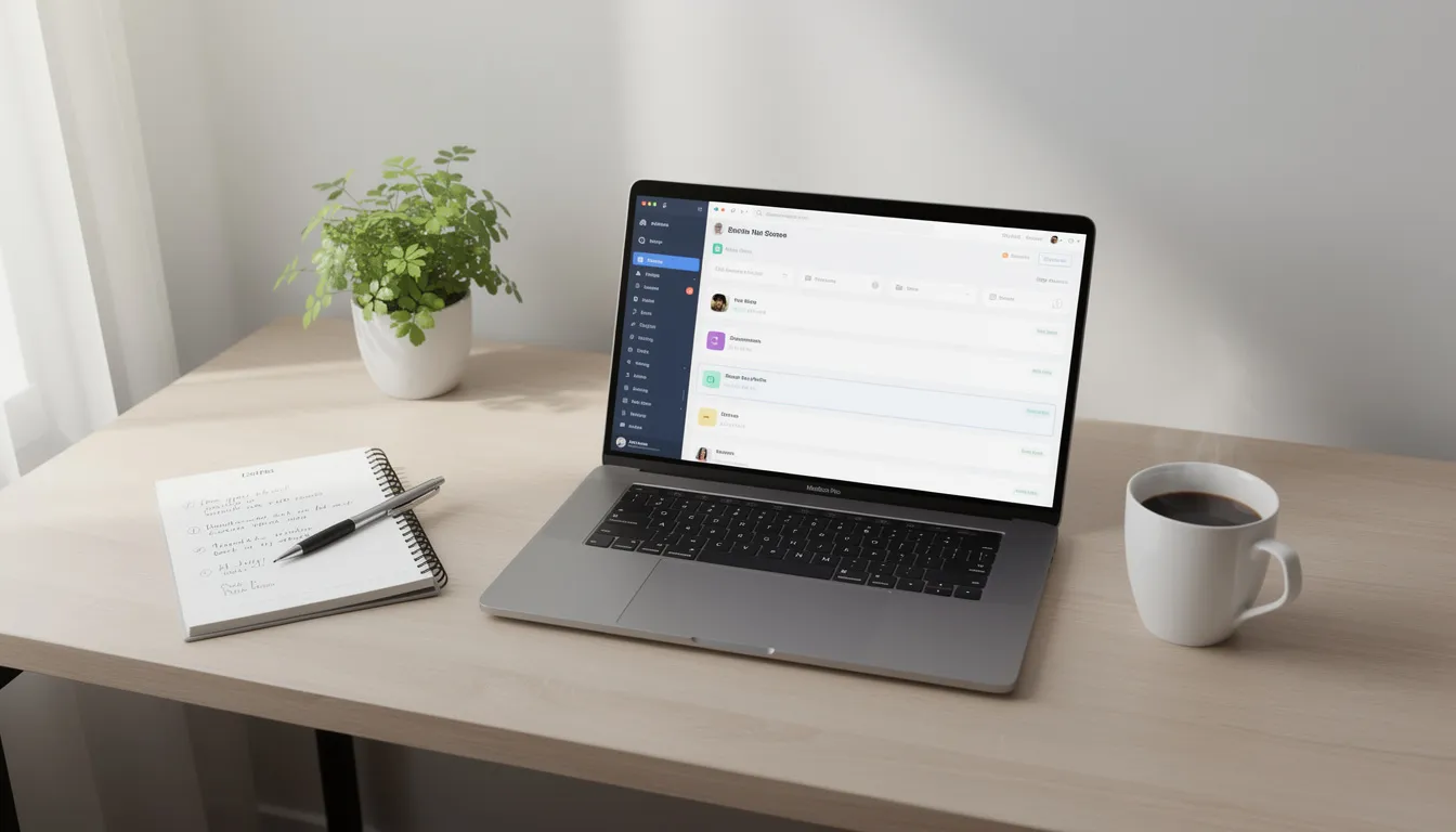 The image depicts an organized workspace featuring a laptop, a notebook, and a steaming cup of coffee, creating an inviting atmosphere for productivity and personal writing. This setup suggests a focus on the writing process, ideal for generating engaging text and utilizing AI tools for efficient content creation.