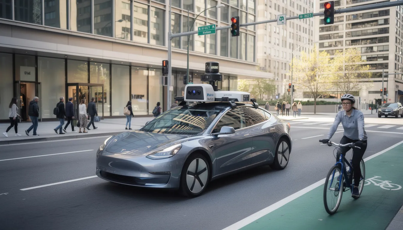An autonomous vehicle navigates a bustling city street, surrounded by pedestrians, showcasing the advancements in AI technologies and self-driving cars. This scene illustrates the integration of artificial intelligence into everyday life, highlighting its potential to enhance decision-making and operational efficiency while reducing human error.