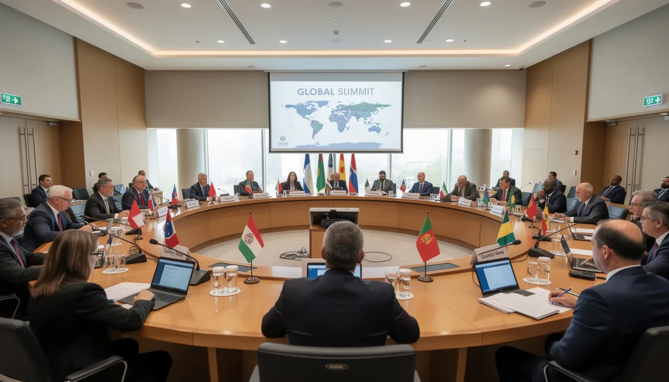 The image depicts an international conference room where a diverse group of delegates is seated around a curved table, engaging in discussions about the implications of artificial intelligence. The setting highlights the importance of collaboration among global leaders to address the risks and ethical considerations associated with AI development and its potential impacts on human safety and society.