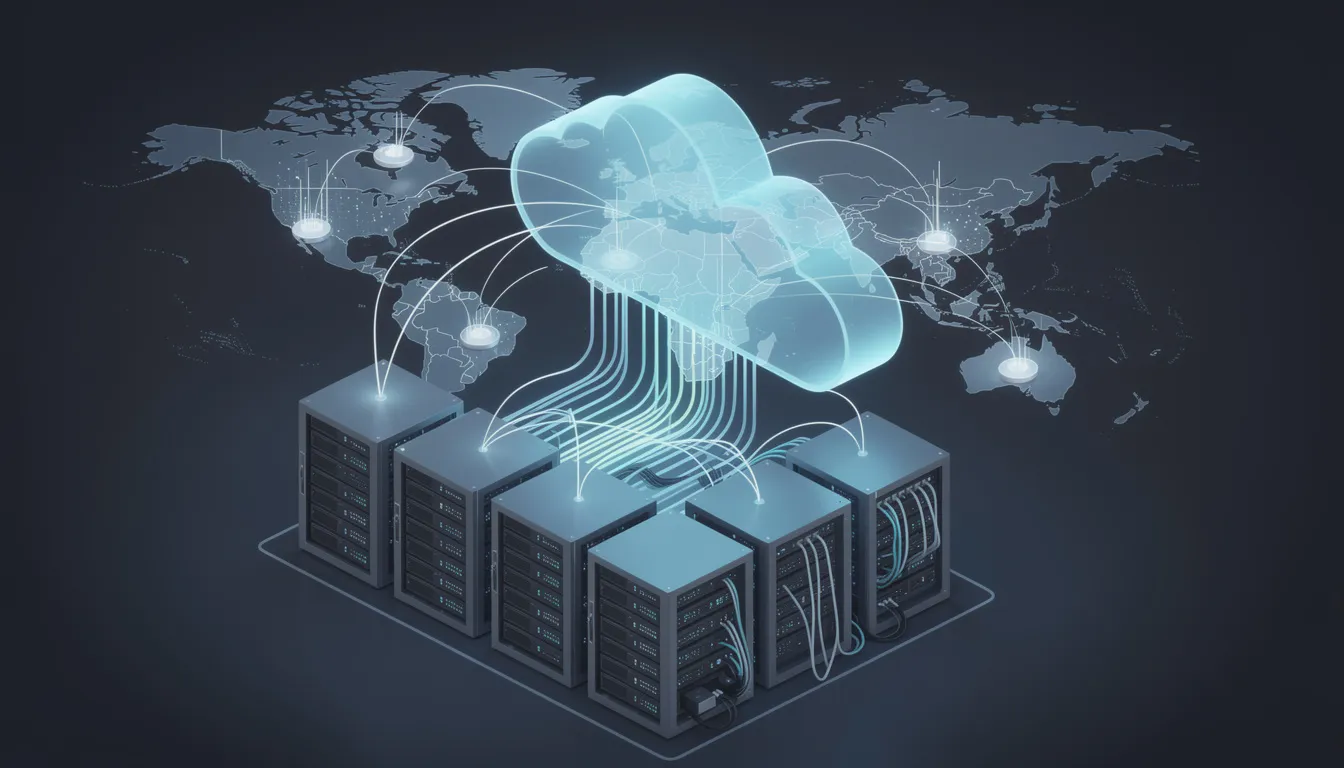 The image depicts a cloud infrastructure visualization showcasing interconnected servers and global connection points, symbolizing the seamless integration of technology and data. This representation highlights the advantages of using an AI website builder for creating stunning, fully functional websites without requiring extensive technical skills.