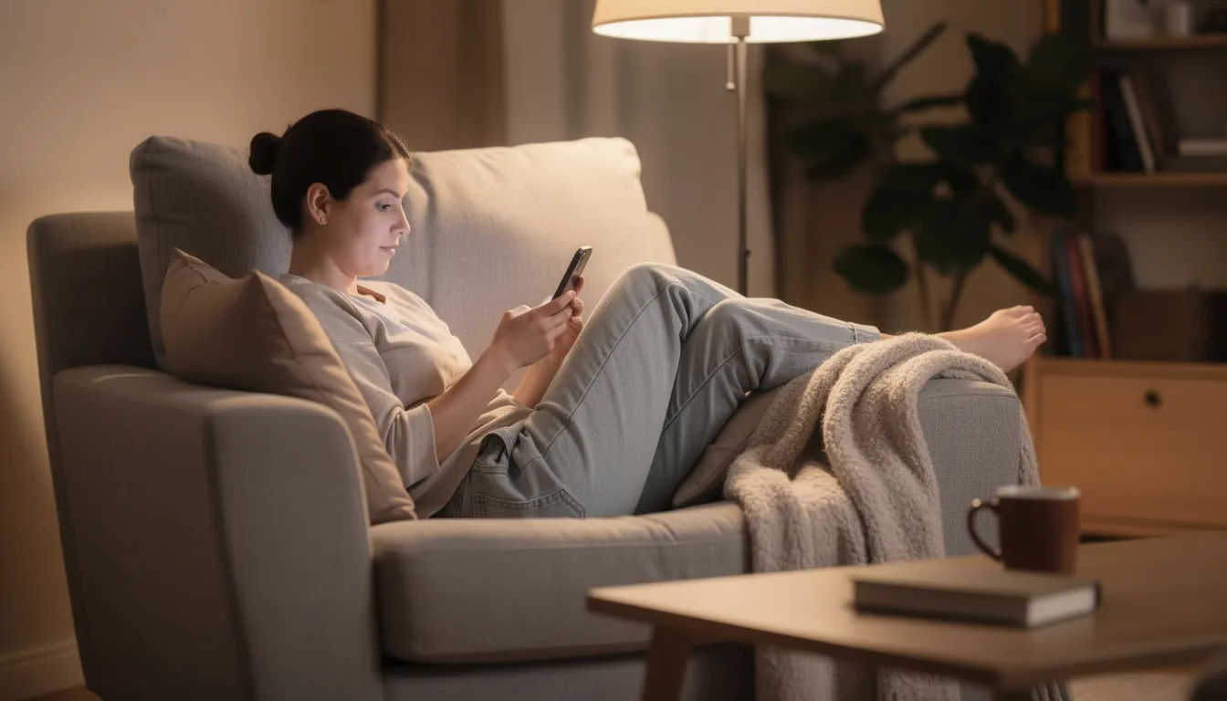 A person is comfortably relaxed while reading on their phone in a cozy setting, surrounded by soft lighting and plush furniture, embodying a peaceful atmosphere perfect for enjoying digital content. This scene reflects a modern approach to reading, where technology and comfort blend seamlessly.