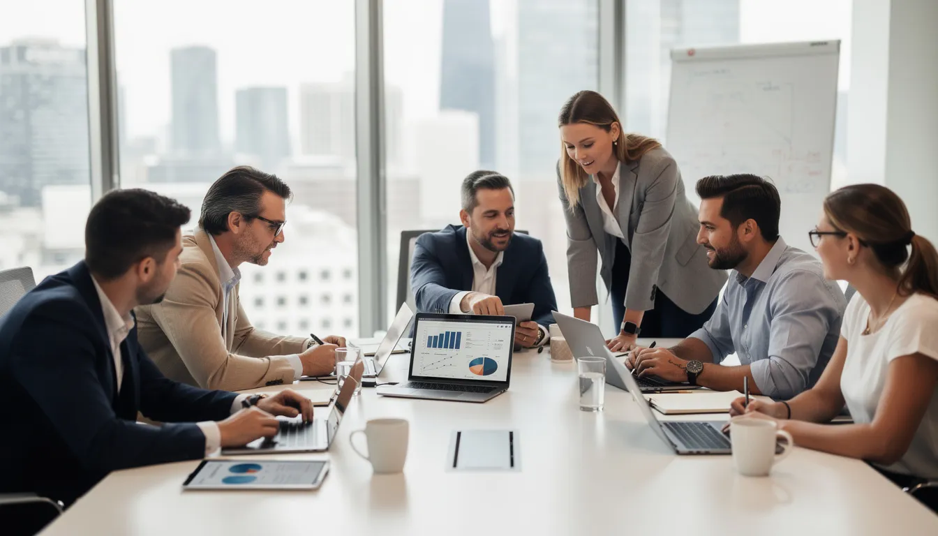 A diverse group of professionals is collaborating around a conference table, each engaged with their laptops, discussing various ethical implications of emerging technologies such as artificial intelligence. Their interaction highlights the importance of ethical decision-making in the context of technological advancements and responsible innovation in today's digital age.
