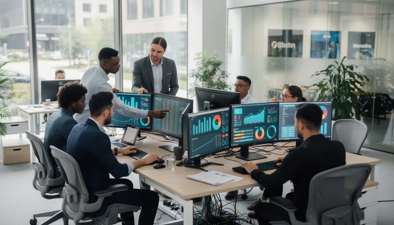 The image depicts a diverse group of professionals, including data scientists and machine learning engineers, working collaboratively at computers in a modern tech office. Their screens display intricate data visualizations, showcasing the application of artificial intelligence and data science in a rapidly growing field.