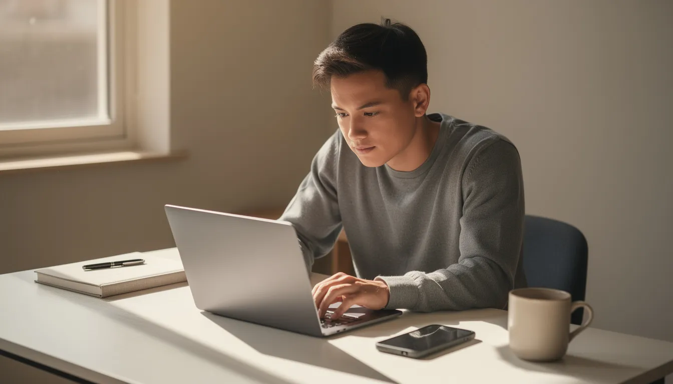 A focused individual is working at a desk, intently looking at their laptop while a phone lies face-down beside them. The scene captures a moment of productivity, emphasizing the use of modern technology in a workspace.