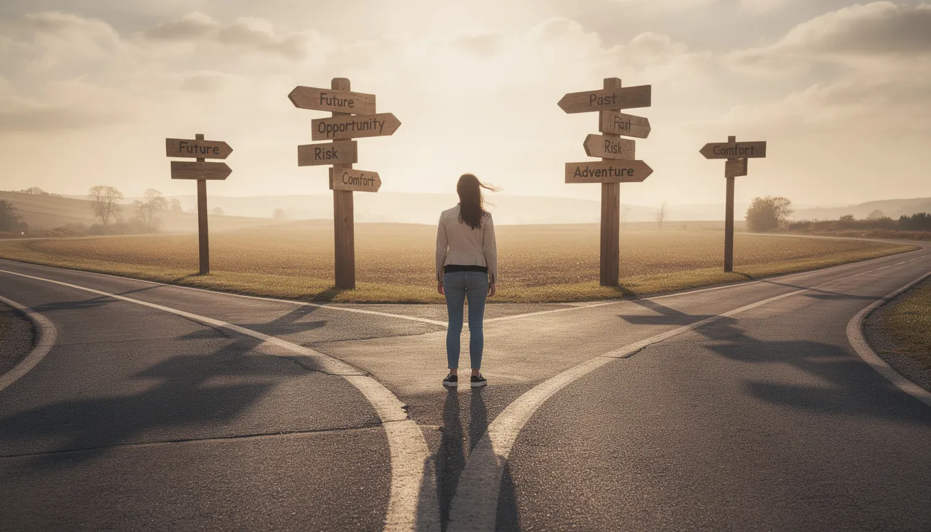 The image depicts a person standing at a crossroads, surrounded by multiple signposts pointing in various directions, symbolizing choices and opportunities. This scene reflects the dynamic landscape of the AI industry, where professionals navigate through the latest AI news, trends, and tools to stay informed and ahead in their fields.