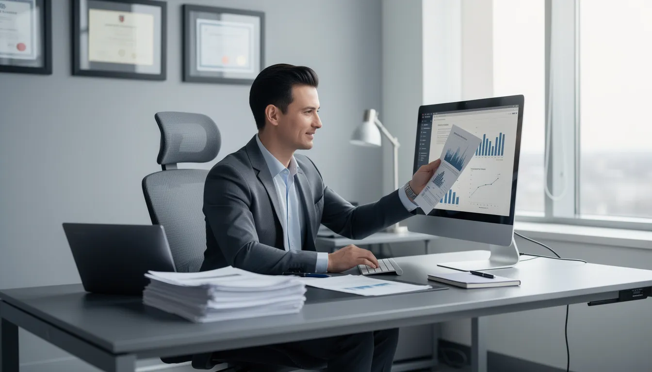 A confident professional sits at a well-organized desk, reviewing documents on a screen, embodying the essence of the future of work with a focus on technological innovation and the importance of technical skills in the evolving job market. This image highlights the role of workers in adapting to new and emerging technologies, reflecting the changing landscape of flexible work arrangements and talent management.