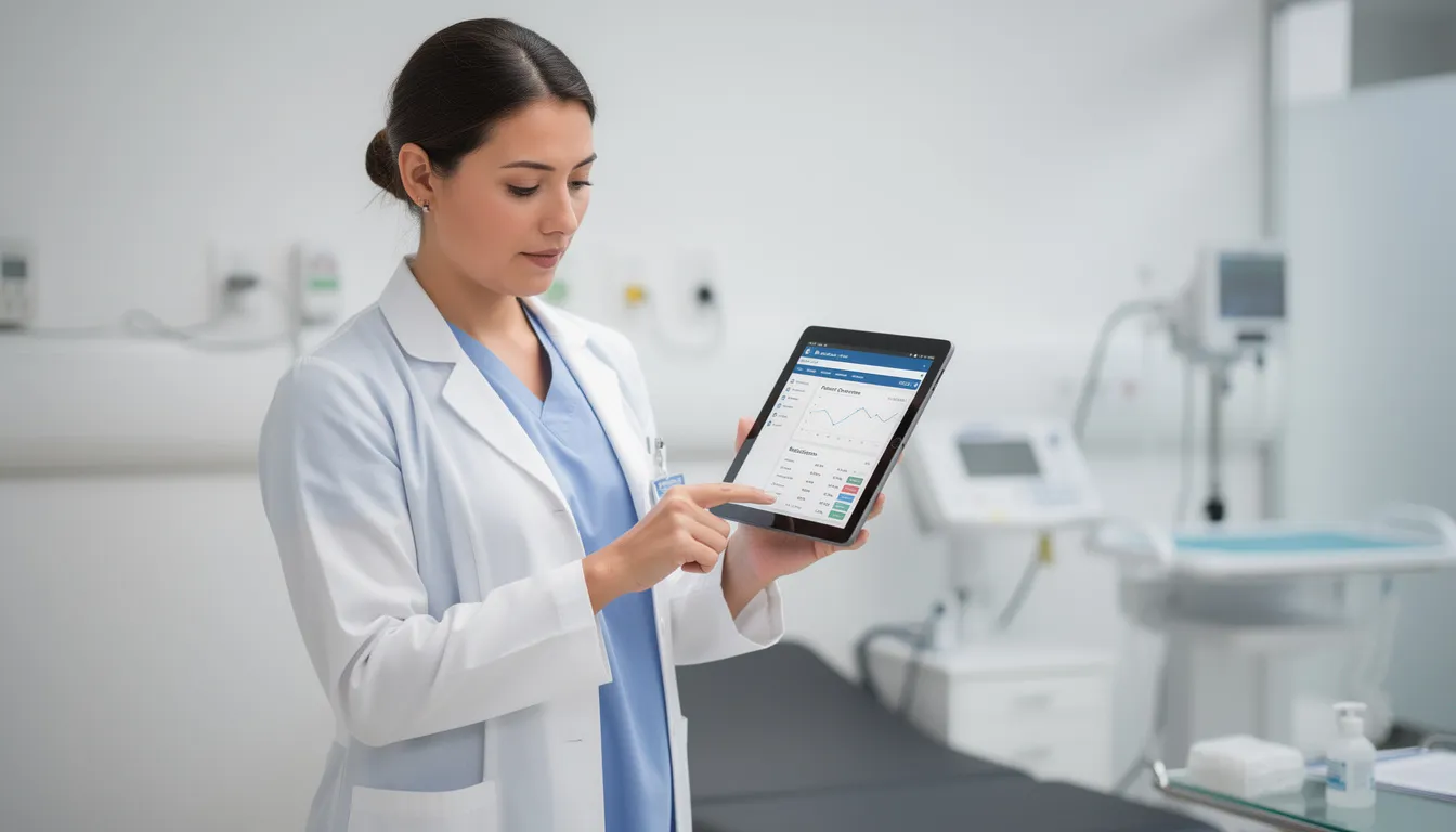 A healthcare professional is attentively reviewing patient information on a tablet device within a clinical setting, utilizing cloud computing and artificial intelligence tools to ensure data-driven decision making and enhance patient care. The environment reflects a modern medical practice, emphasizing the integration of technology in healthcare.