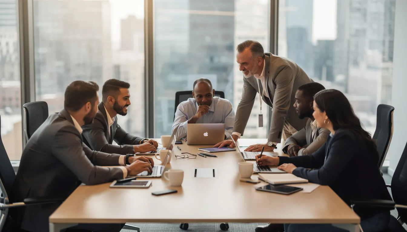 The image shows a diverse team of professionals collaborating around a conference table, each engaged with their laptops. This setting highlights the importance of ethical considerations in artificial intelligence, as team members discuss how to address bias and promote fairness in AI systems.
