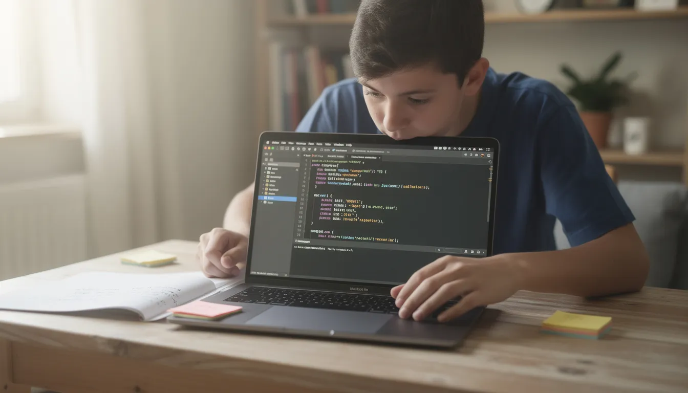 A person is focused on learning to code on a laptop, with lines of code visible on the screen, symbolizing their journey into artificial intelligence and programming skills. This image captures the essence of learning AI concepts and the foundational skills necessary for a career in technology.
