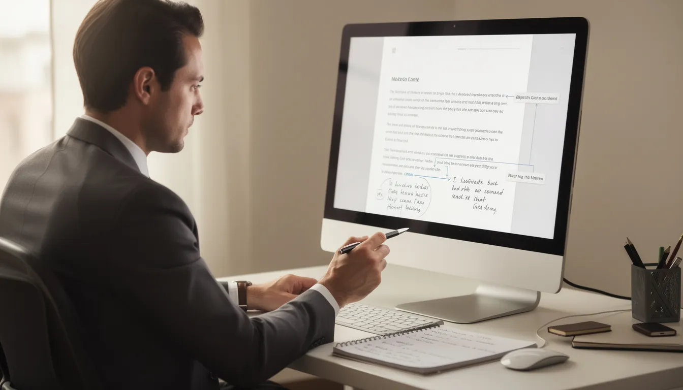 A professional is intently reviewing a document on their screen, with a notepad beside them for making edits and annotations. This scene captures the essence of the writing process, highlighting the focus and concentration needed for effective content creation and refinement.