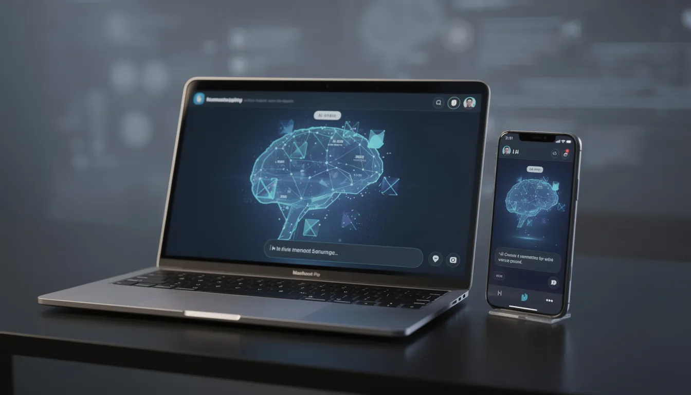 The image features a modern smartphone and laptop, both showcasing AI assistant interfaces, accompanied by glowing visualizations of neural networks. These elements highlight the advancements in artificial intelligence, including AI systems and models that are shaping the future of technology and data analysis.