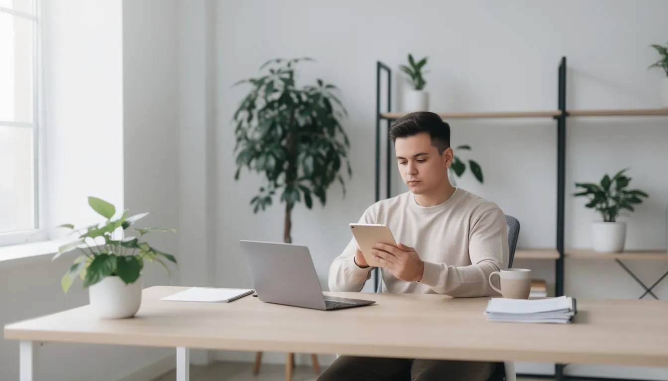 The image depicts a serene professional workspace featuring a person engaged in reading on a tablet, surrounded by a minimalist design that includes indoor plants. This environment reflects the integration of modern ai tools and technologies, promoting operational efficiency and enhanced customer satisfaction in business processes.