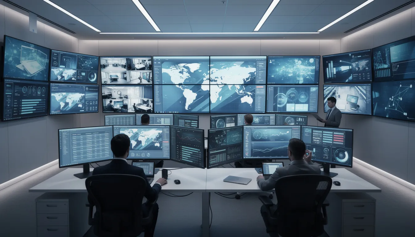 The image depicts a modern control room filled with multiple large monitoring screens and dashboard displays, showcasing various ai systems and technologies in action. This environment highlights the importance of ethical considerations in ai development and governance, emphasizing the need for responsible ai applications that respect human rights and dignity.
