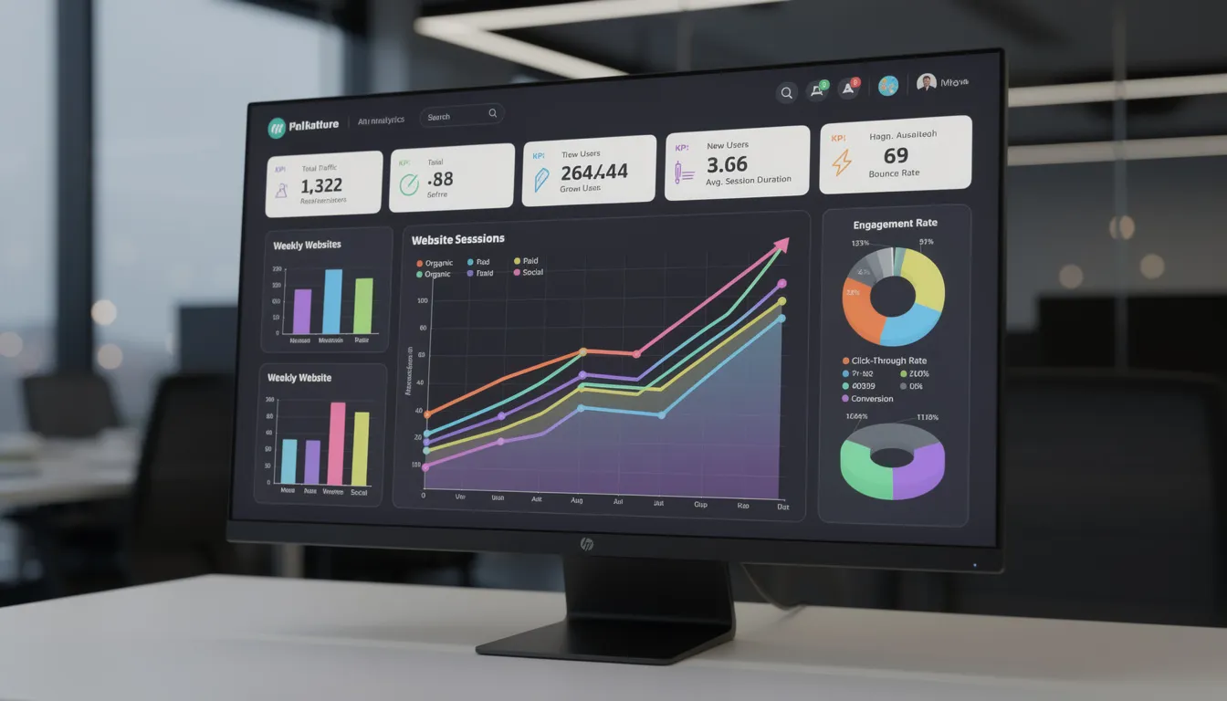The image depicts a vibrant marketing dashboard featuring colorful charts that illustrate traffic growth and engagement metrics, showcasing the effectiveness of various AI marketing tools and strategies. This visual representation highlights key business data and analytics, essential for optimizing marketing efforts and enhancing productivity.