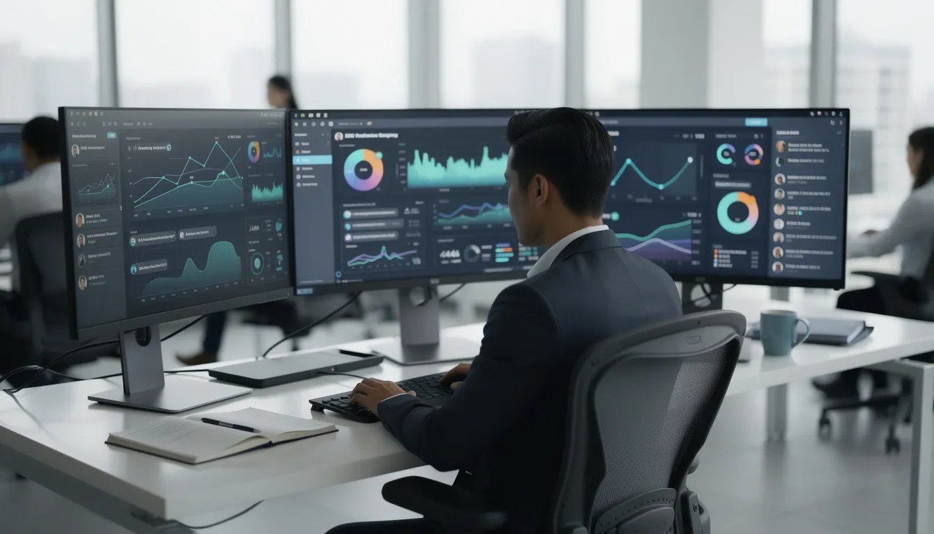 A professional sits at a modern desk equipped with multiple screens displaying data visualizations and chat interfaces, illustrating the use of artificial intelligence and machine learning in analyzing complex patterns. The setup highlights the integration of AI technologies in enhancing business operations and facilitating human interaction through advanced AI chatbots and virtual assistants.