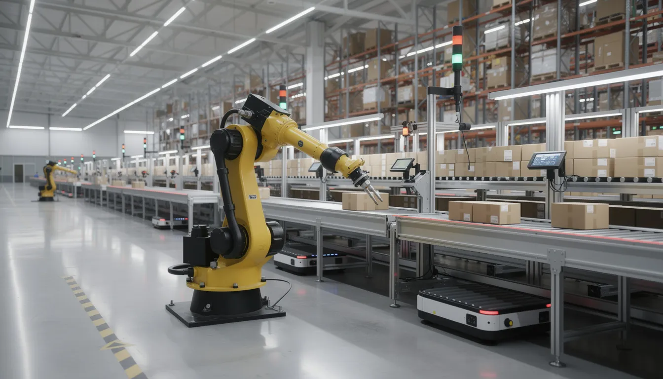 The image depicts an industrial robot arm actively engaged in automated picking tasks within a modern warehouse environment, showcasing advanced technology and operational efficiency. This setting highlights the integration of machine learning and artificial intelligence systems in real-world applications to enhance productivity in logistics.