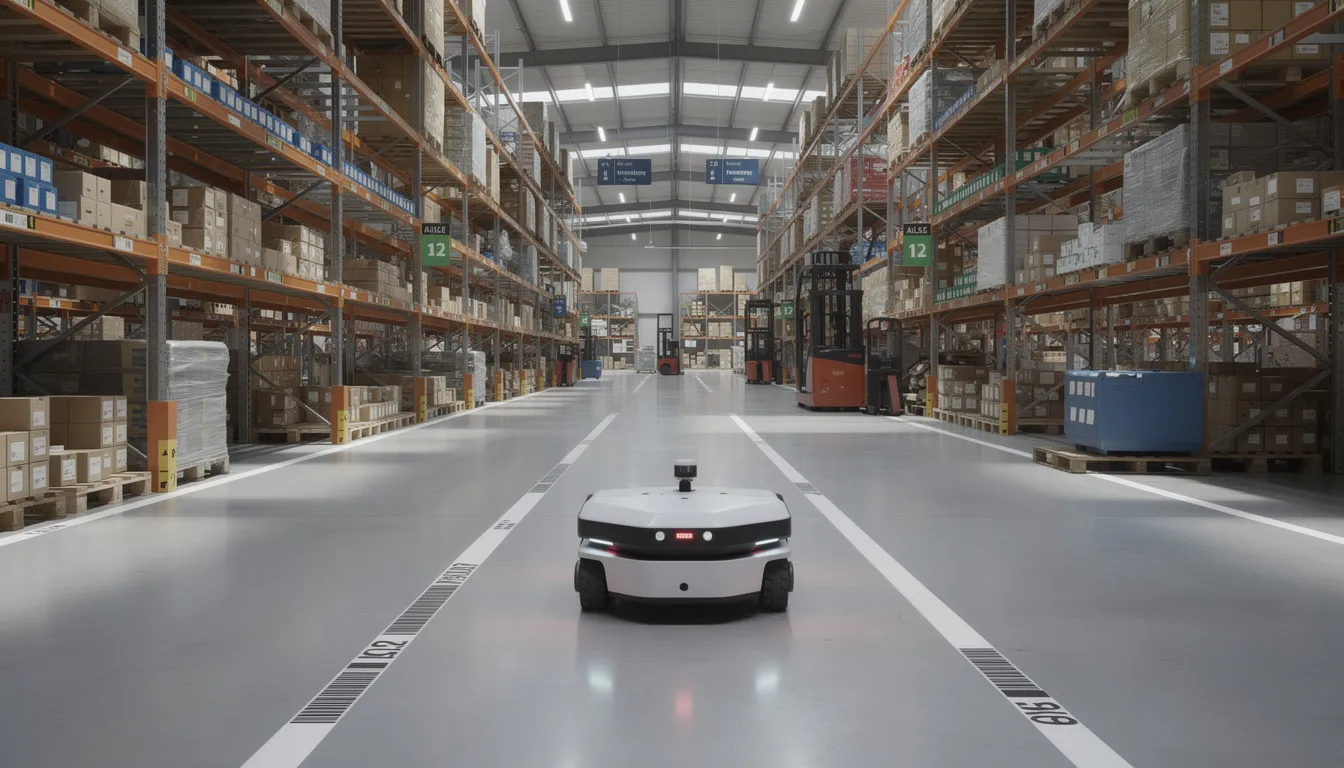 An autonomous mobile robot is skillfully navigating a vast warehouse filled with packages and inventory, showcasing the advancements in robotic systems and artificial intelligence. This scene highlights the role of industrial robots in handling complex tasks and enhancing efficiency in material handling within supply chains.