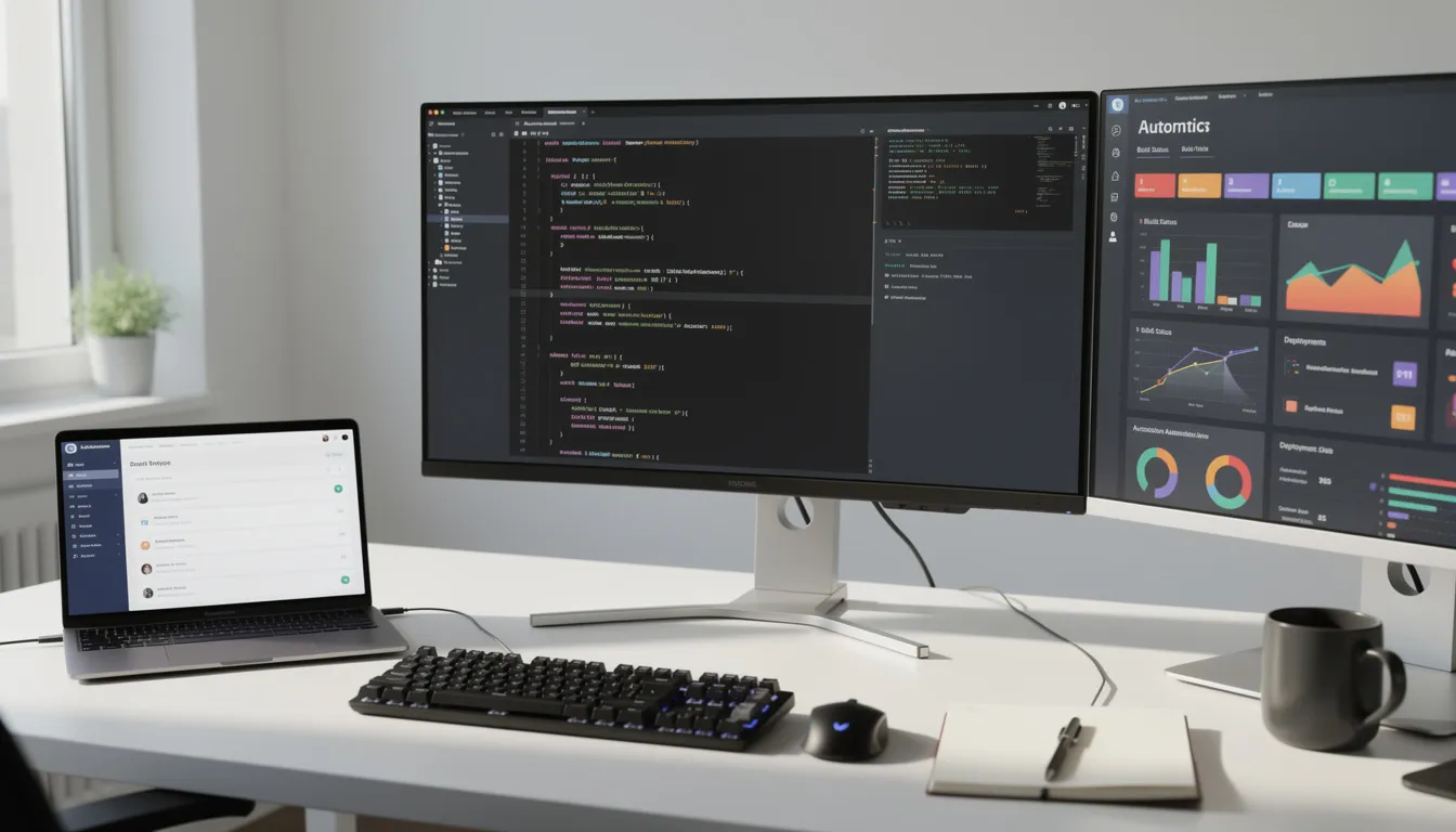 The image depicts a developer's workspace featuring multiple screens displaying a code editor alongside an automation dashboard, highlighting the integration of artificial intelligence and machine learning techniques in software development. This environment reflects the dynamic nature of computer science and the growing demand for AI-driven solutions in the job market.