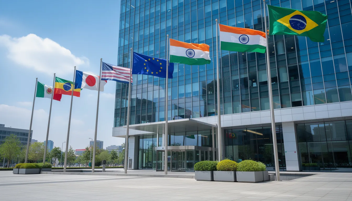 The image shows a variety of international flags waving in the breeze outside a modern office building, symbolizing global collaboration and diversity. The contemporary architecture of the building serves as a backdrop, reflecting the advancements in artificial intelligence and technology regulation, such as the California AI Transparency Act and the EU AI Act.