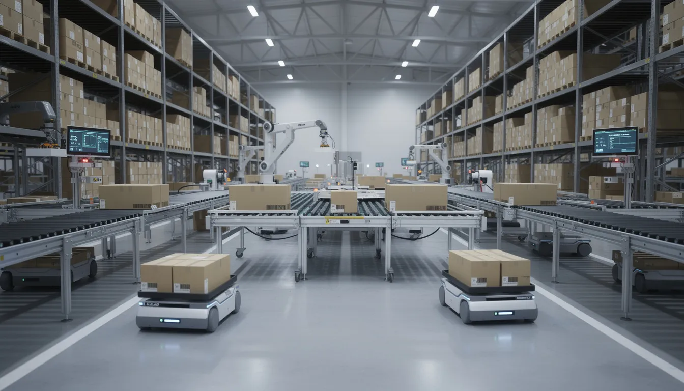 The image depicts autonomous robots equipped with advanced sensors working efficiently in a modern warehouse filled with conveyor systems. These machines, embodying living intelligence technologies, represent the future of industry, where artificial intelligence streamlines operations and enhances productivity.