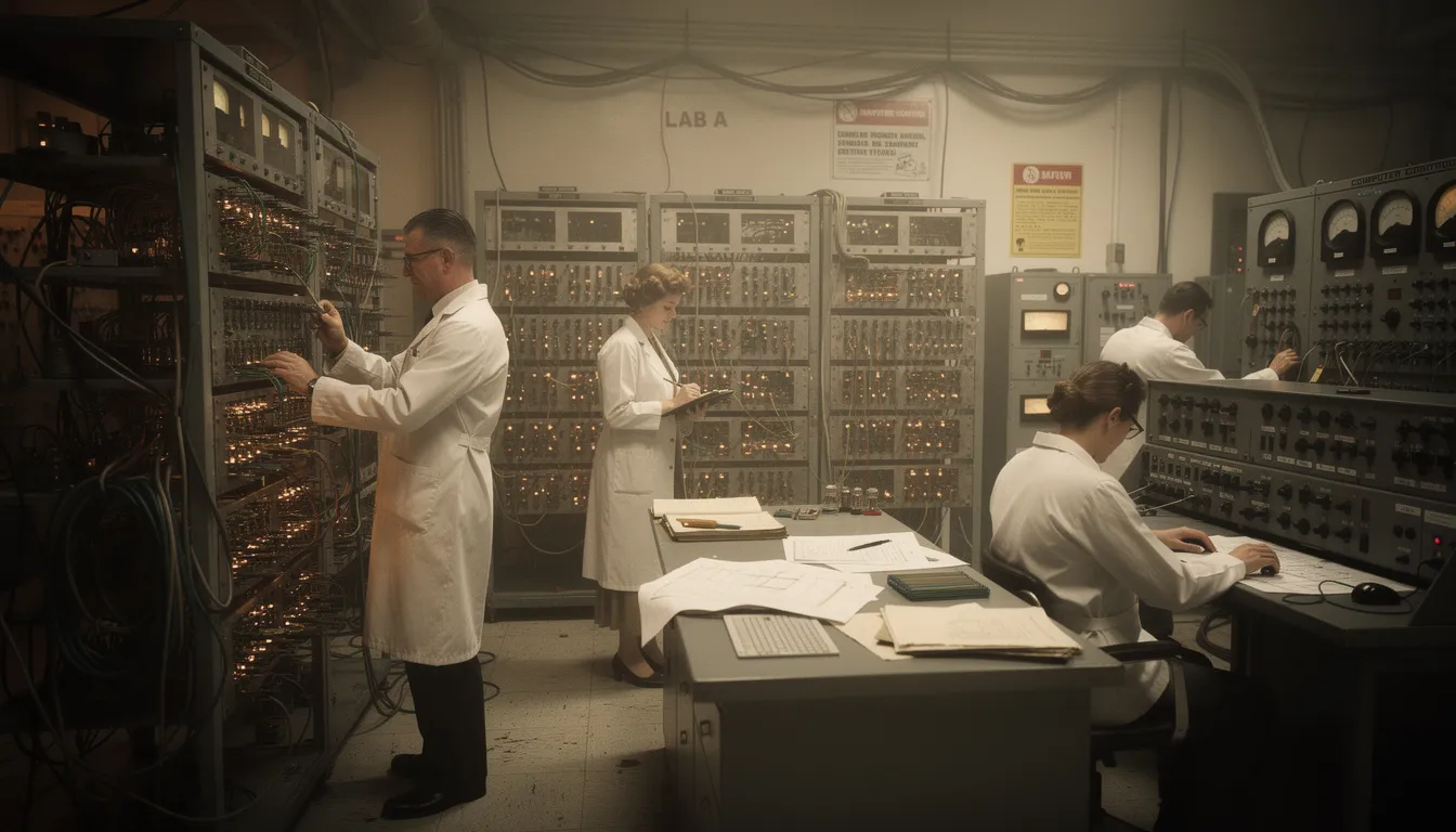 The image depicts researchers in a 1940s laboratory, meticulously working with early vacuum tube computer equipment, a significant step in the history of artificial intelligence and computer science. This setting highlights the foundational efforts in developing computing machinery that would eventually lead to advancements in machine learning and intelligent systems.