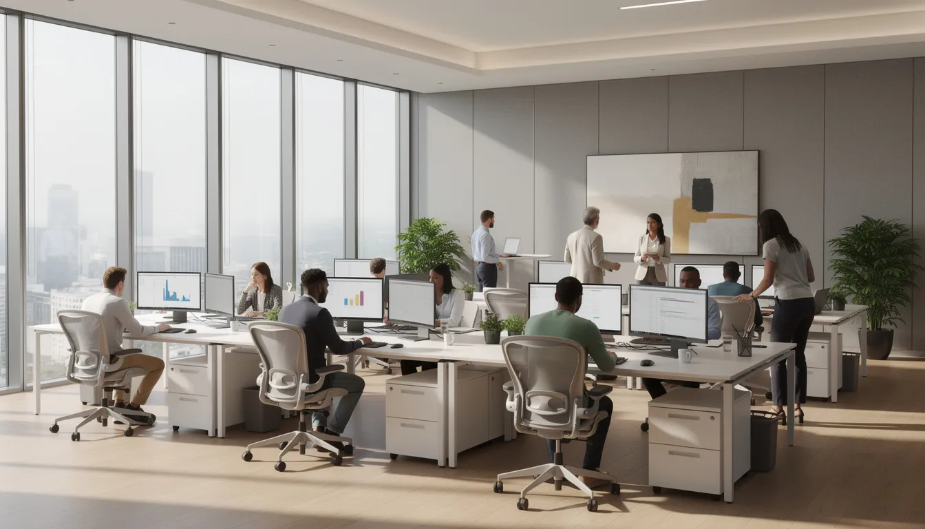 The image depicts a modern corporate office featuring an open floor plan where employees are engaged in various tasks at their computers, illuminated by ample natural light. This workspace reflects the integration of artificial intelligence in business, enhancing operational efficiency and supporting advanced data analytics for improved customer satisfaction.