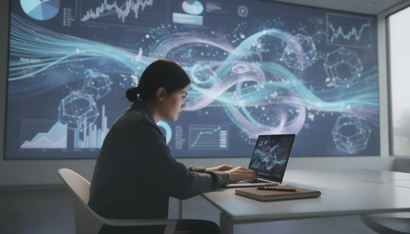 A person is intently studying on a laptop, surrounded by an abstract data visualization that symbolizes concepts from artificial intelligence, such as machine learning and neural networks. This scene reflects the pursuit of essential AI skills and the exploration of advanced concepts in a rapidly evolving field.