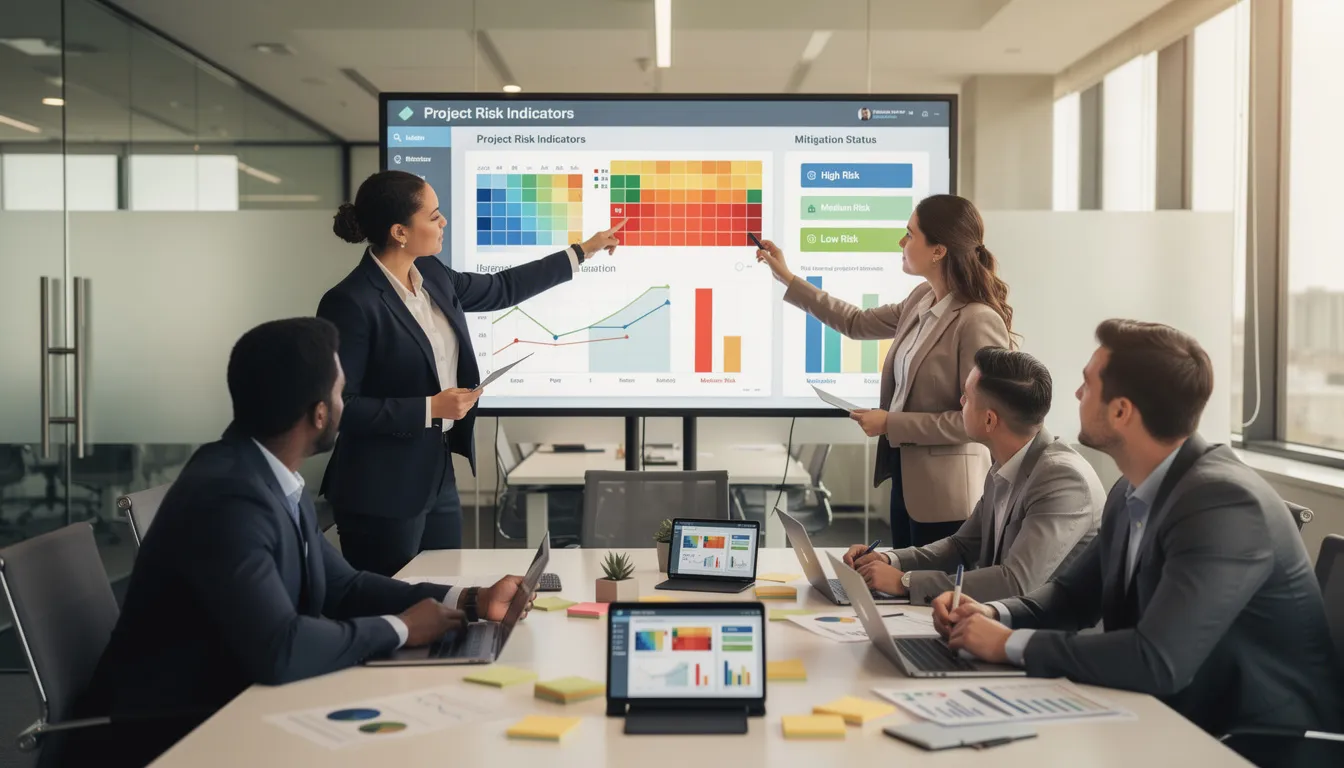 A diverse team of project professionals collaborates around a digital dashboard displaying project risk indicators, utilizing artificial intelligence tools to enhance decision-making and optimize resource allocation for successful project management. The dashboard highlights key project data, facilitating effective communication and prioritization among team members.