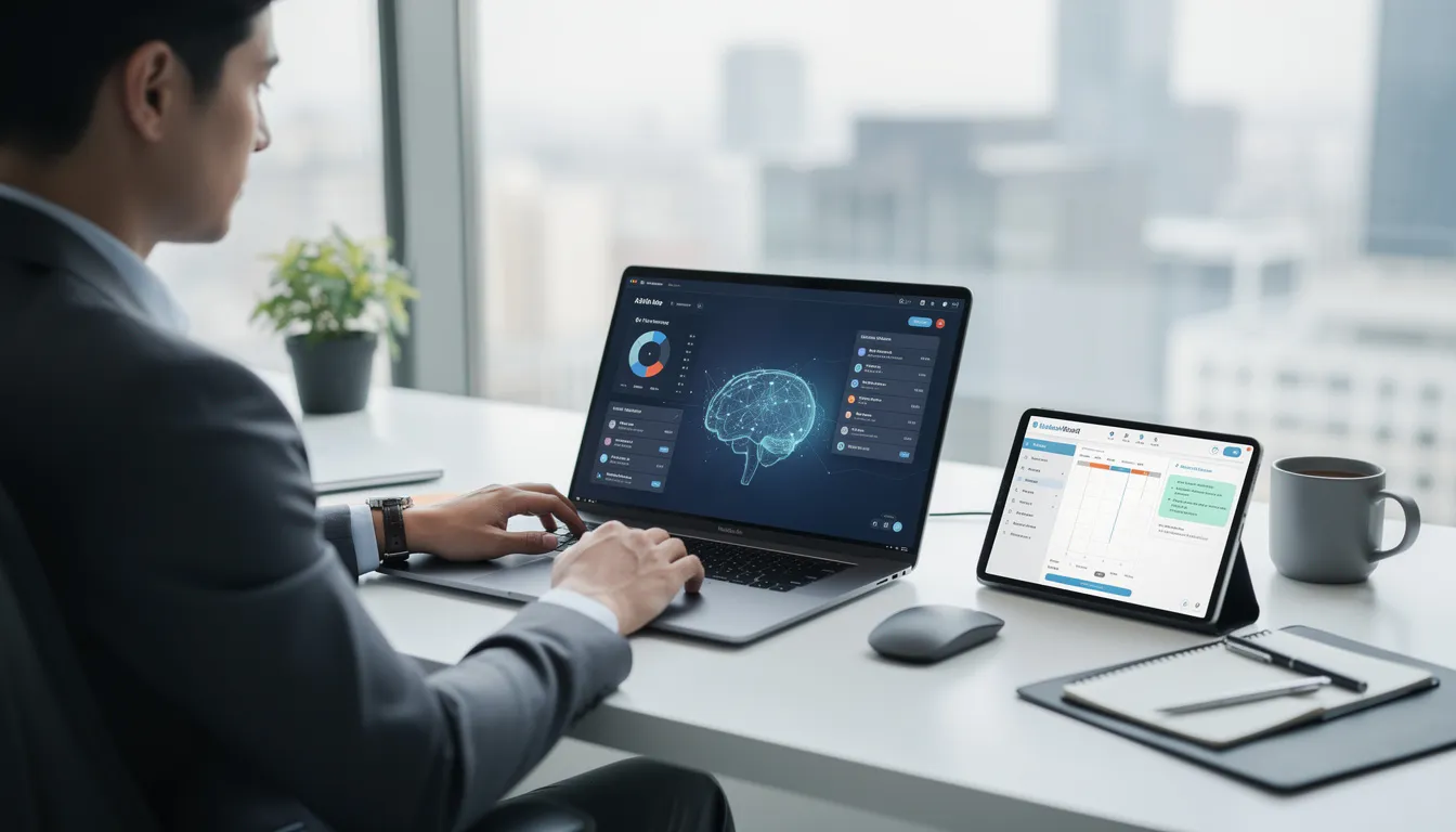 A professional sits at a modern desk, engaging with AI productivity tools on both a laptop and a tablet, showcasing the integration of advanced AI systems into everyday life. The scene highlights the use of generative AI models and AI applications that enhance efficiency and streamline work processes.