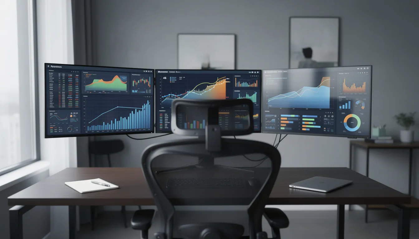 The image depicts a professional workspace featuring multiple monitors that display various data visualizations and charts, highlighting key performance metrics and actionable insights. This setup is designed for data analysis and report generation, showcasing the advanced features of an AI tool that aids in creating structured reports from complex data sources.