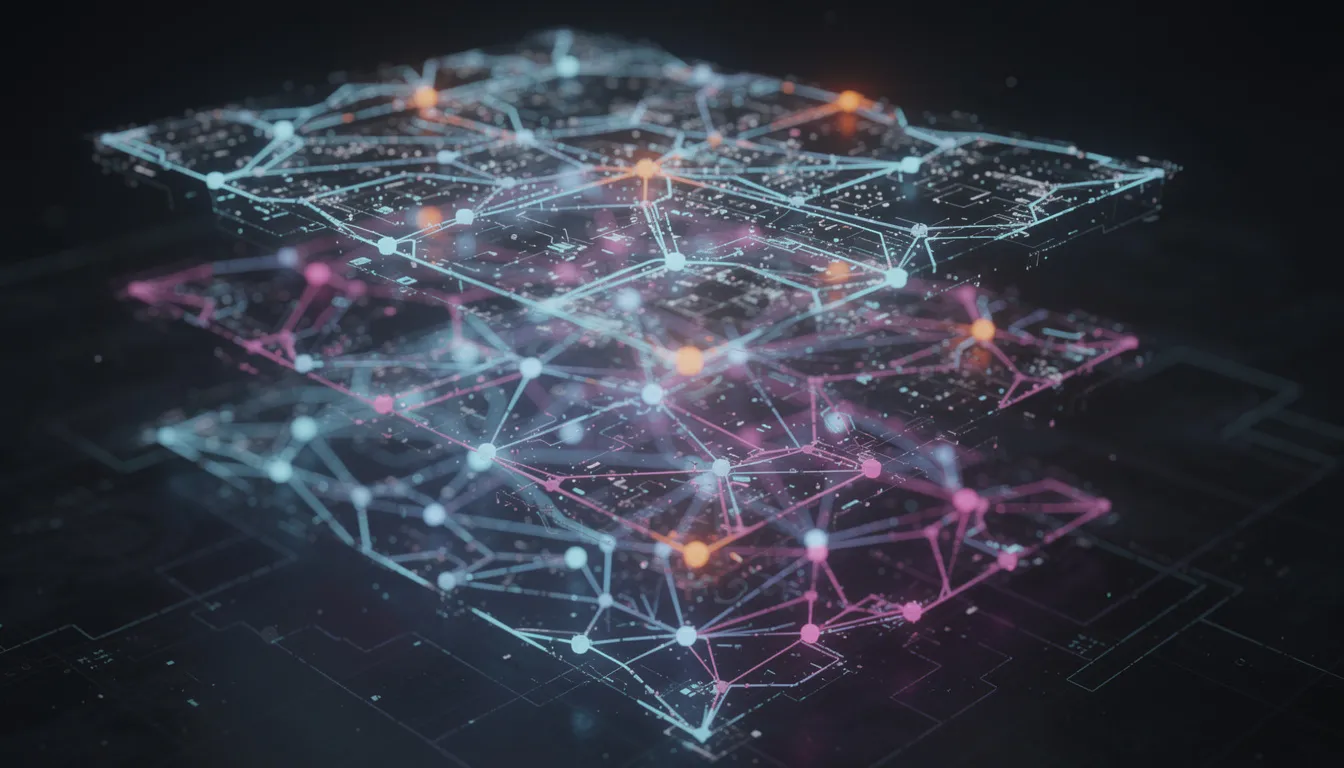 The image depicts an abstract visualization of interconnected nodes symbolizing a neural network architecture, illustrating the complexity of generative AI models and their ability to analyze complex data. This representation highlights the foundational structure of machine learning models and their role in generative artificial intelligence applications.