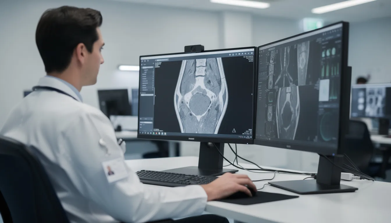 A medical professional is intently reviewing scans displayed on a computer screen, utilizing advanced AI technology to analyze the data for diagnostic purposes. The scene highlights the integration of artificial intelligence in healthcare, showcasing how AI systems can assist in complex tasks such as medical imaging analysis.