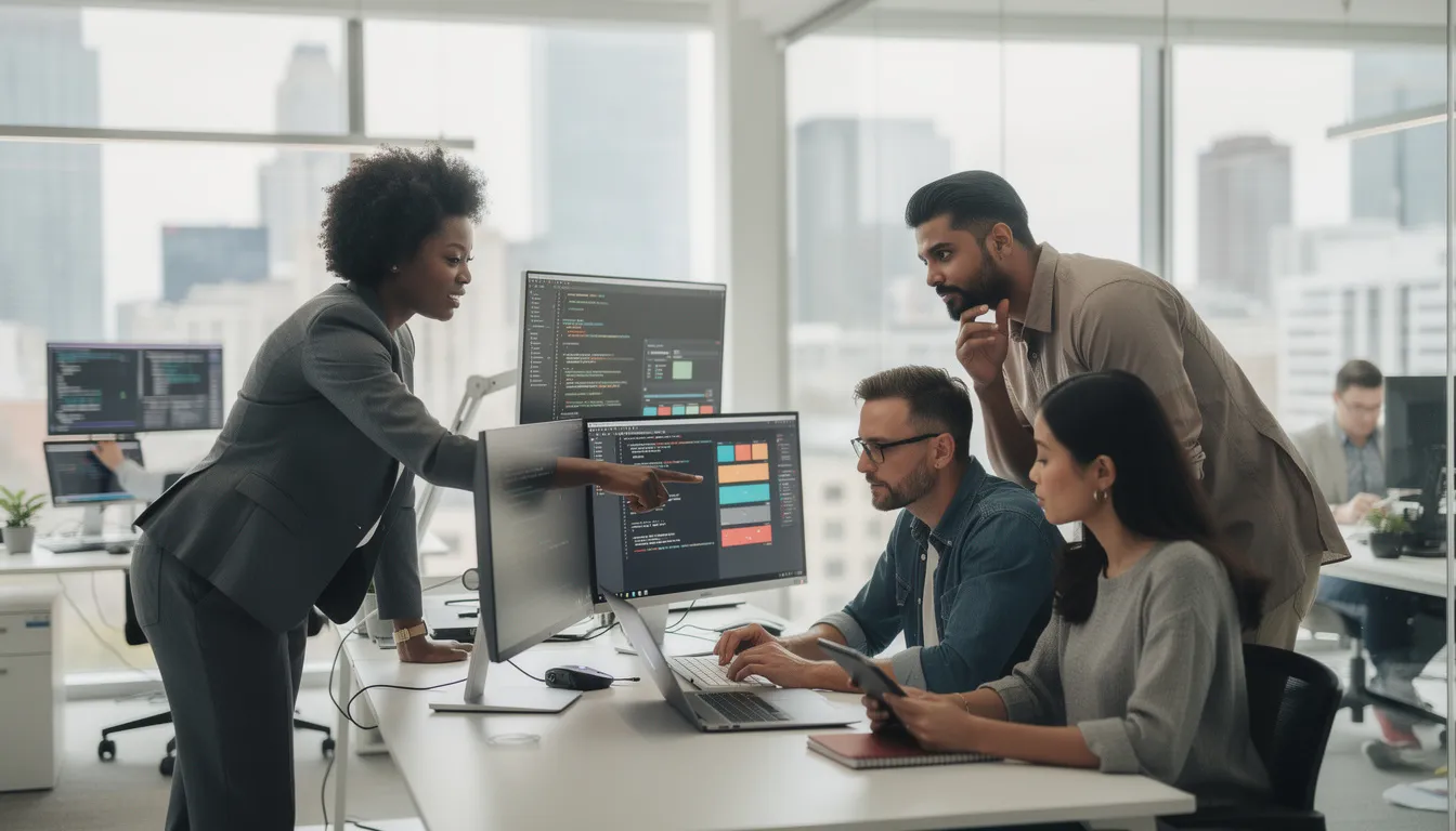 A diverse team of professionals collaborates around several computer screens in a modern tech office, engaging in discussions about artificial intelligence and machine learning technologies. The atmosphere is dynamic, showcasing the collective effort of individuals from various backgrounds working together to drive innovation in AI and computer science.