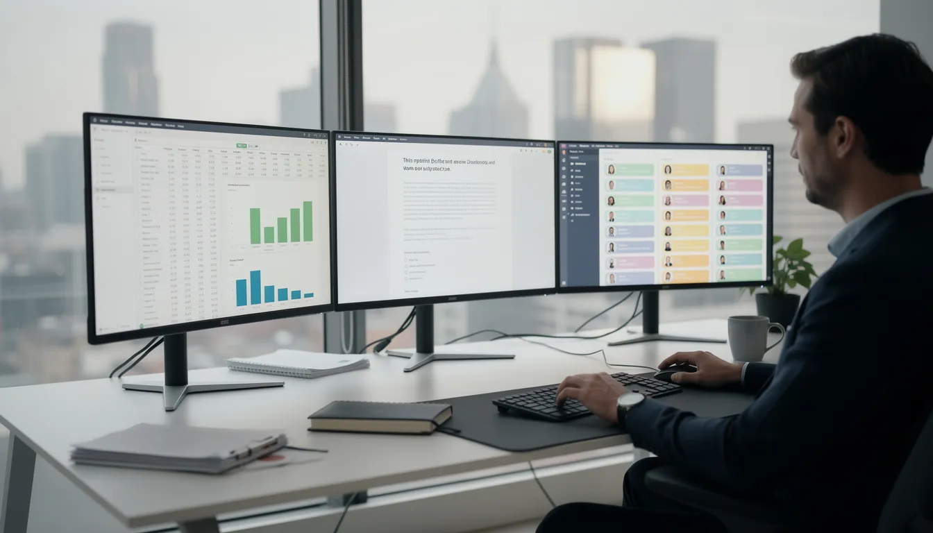 A person is seated at a modern desk equipped with multiple monitors displaying various types of content, including documents and video clips, showcasing the use of generative AI tools in the content creation process. The workspace reflects a focus on efficiency and creativity, essential for producing high-quality output for digital marketing and audience engagement.