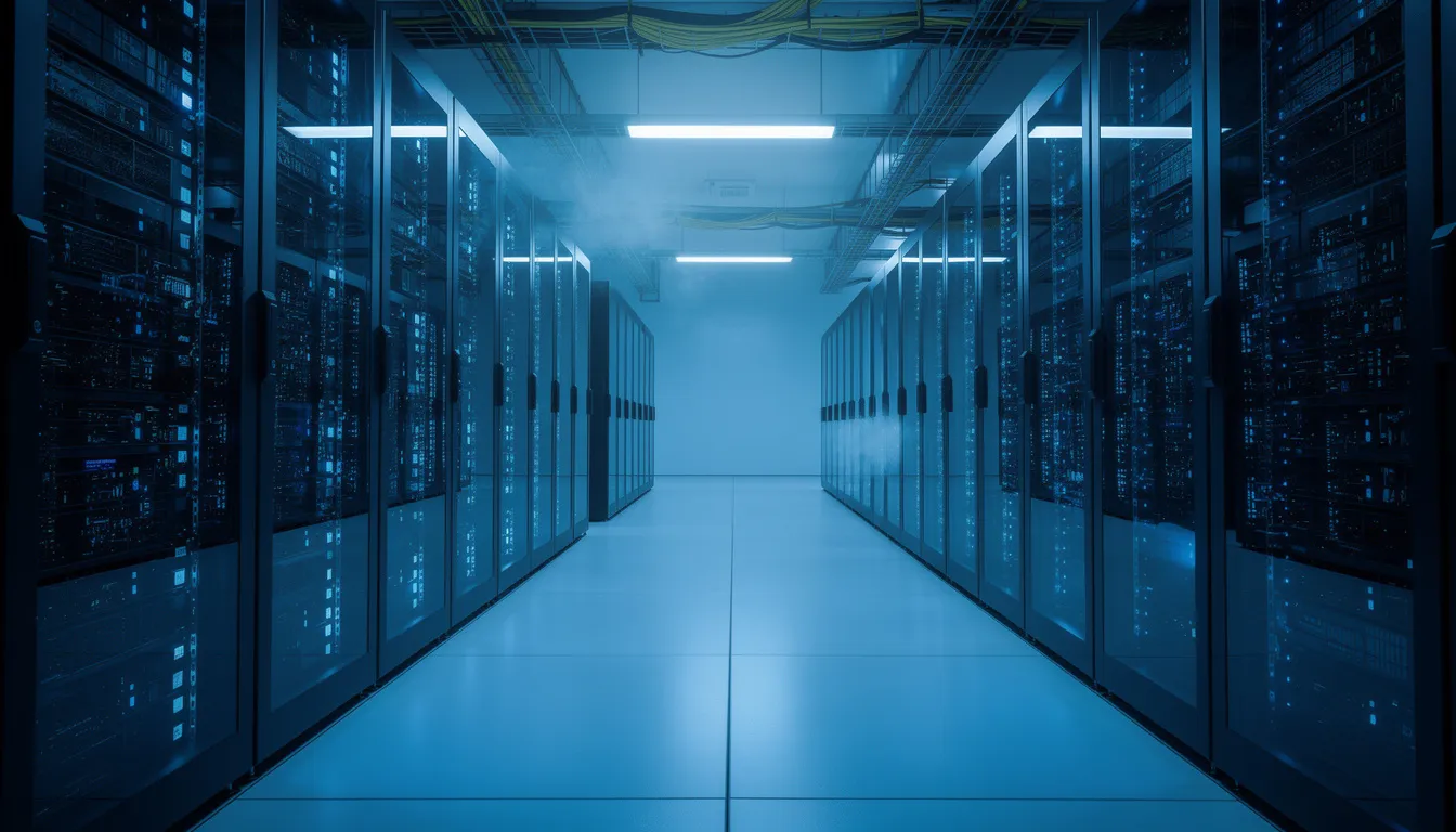 The image depicts rows of server racks illuminated by blue LED lighting in a modern data center, showcasing the advanced computing power that supports artificial intelligence systems and deep learning techniques. This environment is essential for processing big data and facilitating machine learning algorithms that replicate human intelligence.