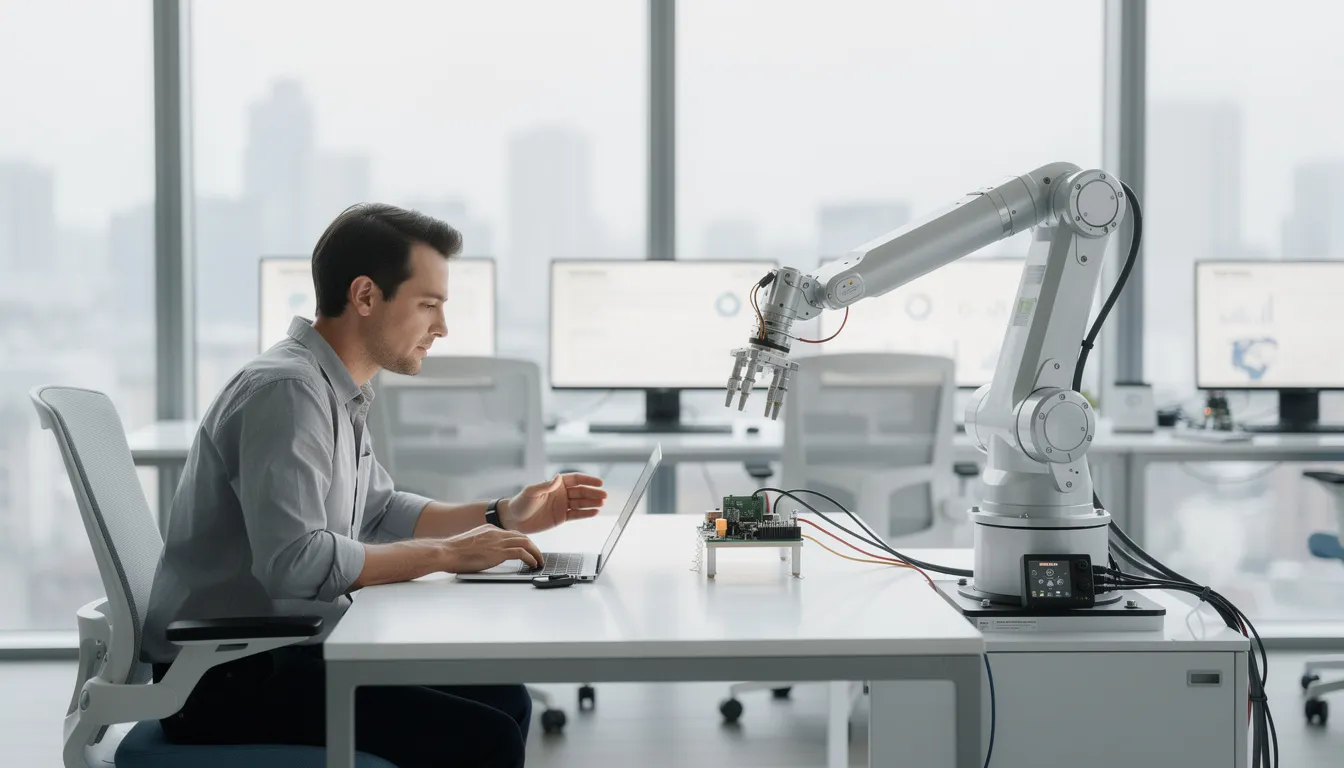 A modern robotic arm is seen collaborating with a human in a clean office environment, showcasing the integration of artificial intelligence and human intelligence in performing specific tasks. This scene highlights the capabilities of advanced AI systems, such as machine learning and computer vision, in everyday life.